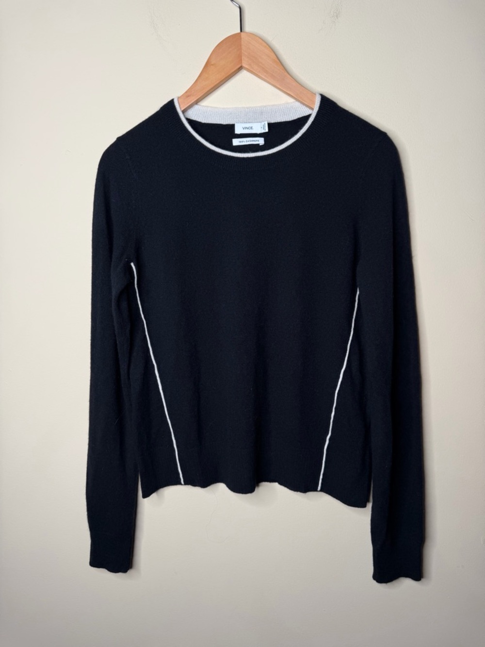 Vince 100% Cashmere Black Ivory Piping Scoop Neck Pullover Sweater Size S Chic